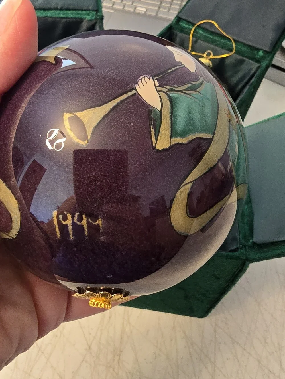 Four 1999 Pier 1 Li Bien Reverse Painted Angel Playing Horn Trumpet Ornaments